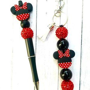 Girl Mouse Silicone Beaded Pen and Keychain Set, Minnie, Red and White, Polka